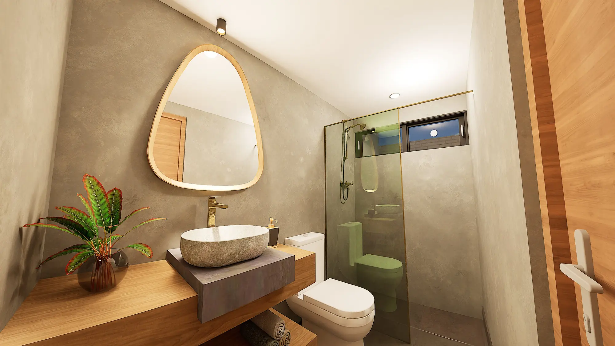 Baño con lavabo de piedra y espejo con marco de madera