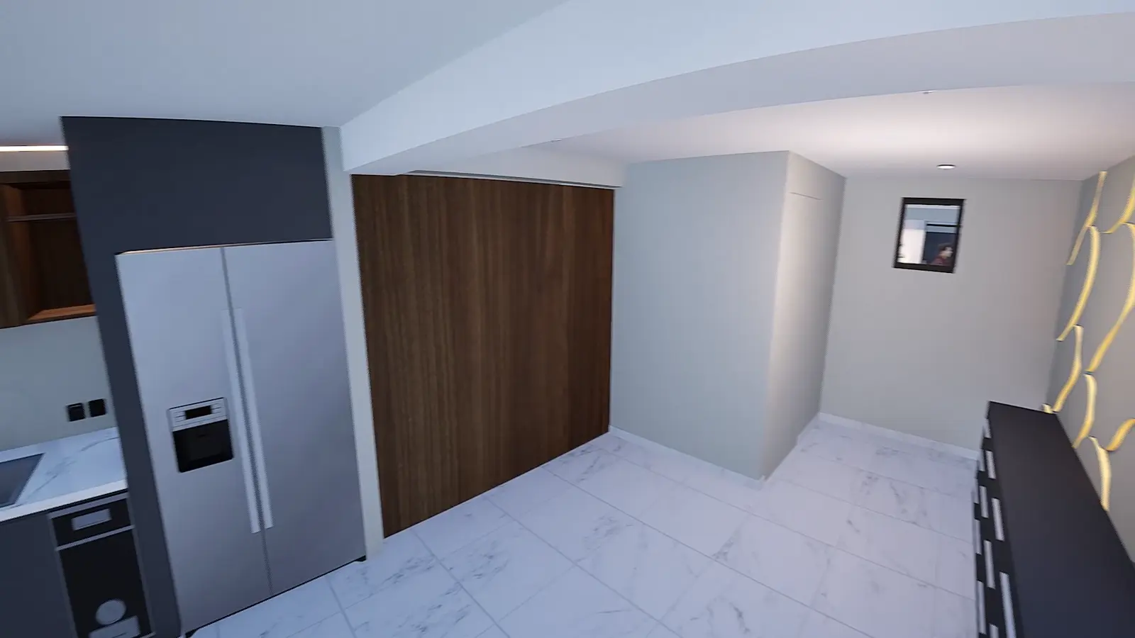 Interior de la casa: cocina abierta hacia la sala