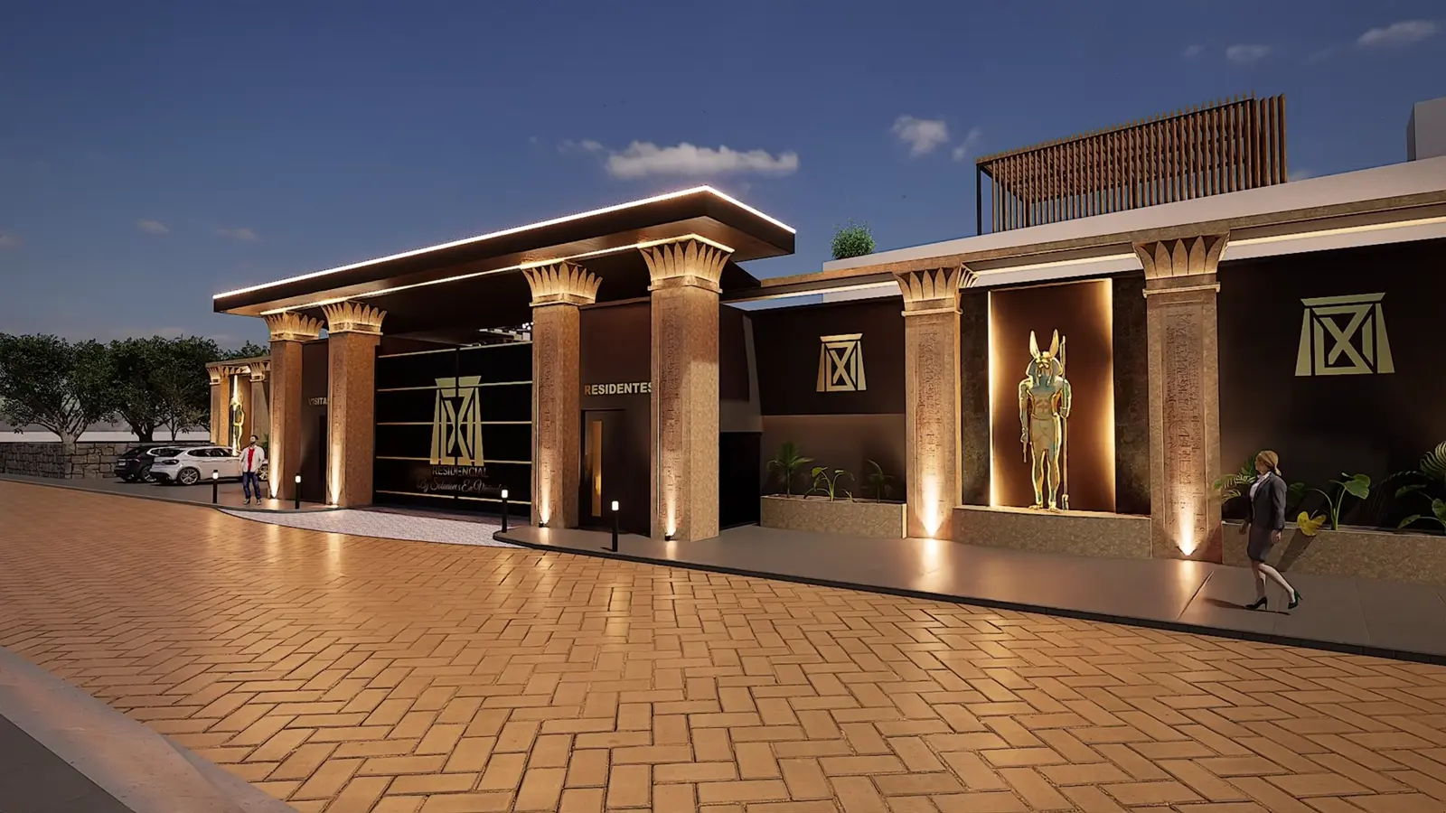 Luxor Residencial: el acceso con columnas egipcias, la calle hacia la fuente de los obeliscos y el interior de la casa